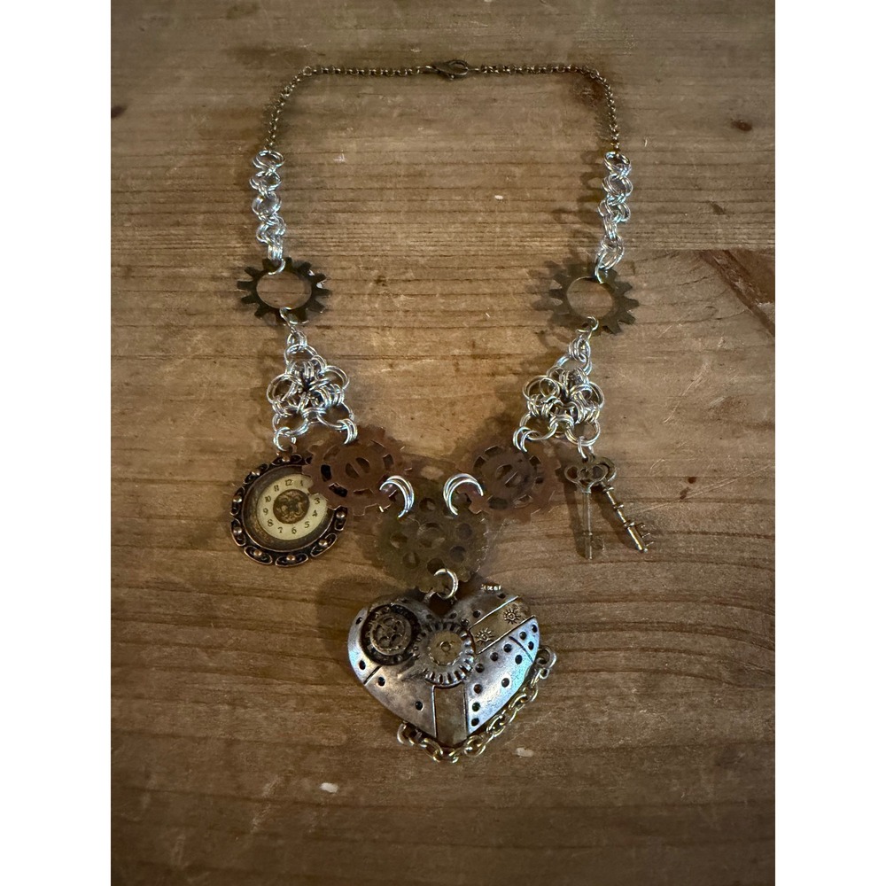Steampunk Heart Gear Statement Necklace Mixed Metal Watch Face Key Charms - Picture 3 of 4